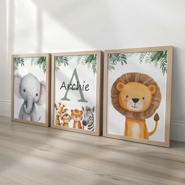 Personalised Safari Nursery Wall Prints, Set Of 3 Kids Name Art, Boys Bedroom Decor, Girls Room Animal Pictures, Custom Playroom Posters - image 1