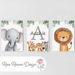 Personalised Safari Nursery Wall Prints, Set Of 3 Kids Name Art, Boys Bedroom Decor, Girls Room Animal Pictures, Custom Playroom Posters - thumbnail 3