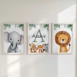Personalised Safari Nursery Wall Prints, Set Of 3 Kids Name Art, Boys Bedroom Decor, Girls Room Animal Pictures, Custom Playroom Posters - thumbnail 2