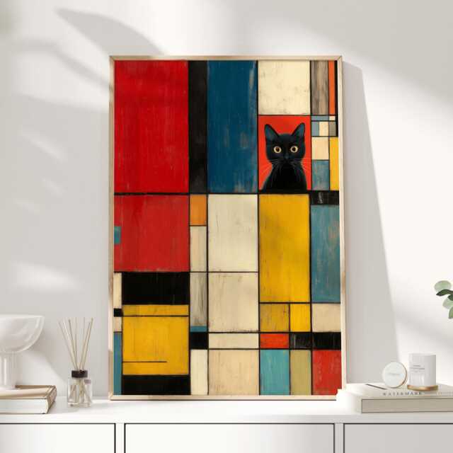 Bauhaus Cat Wall Art Print - Mondrian Style Abstract Poster Modern Geometric Black Artwork For Home Decor - image 1