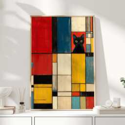 Bauhaus Cat Wall Art Print - Mondrian Style Abstract Poster Modern Geometric Black Artwork For Home Decor - thumbnail 1
