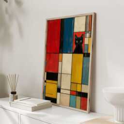 Bauhaus Cat Wall Art Print - Mondrian Style Abstract Poster Modern Geometric Black Artwork For Home Decor - thumbnail 3