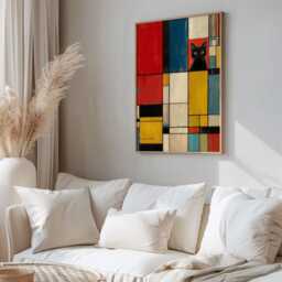 Bauhaus Cat Wall Art Print - Mondrian Style Abstract Poster Modern Geometric Black Artwork For Home Decor - thumbnail 2