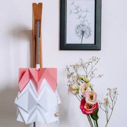 Origami Wall Lighting Fixture - Wooden Bracket With Small Paper Pendant Light - thumbnail 3