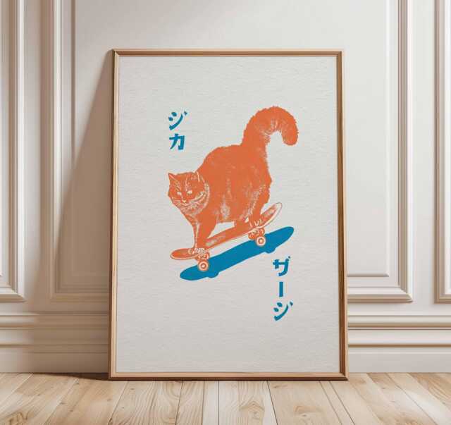 Japanese Pop Art Cat Print, Retro Skateboard Wall Art, Funny Orange Poster, Minimal Modern Animal Illustration - image 1