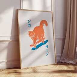 Japanese Pop Art Cat Print, Retro Skateboard Wall Art, Funny Orange Poster, Minimal Modern Animal Illustration - thumbnail 2