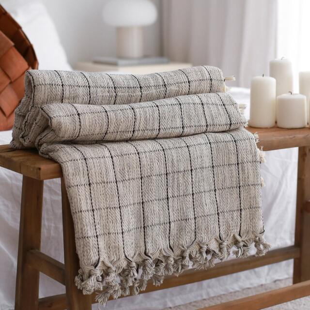 Grey Cotton Throw Blanket, Mudcloth Sofa Couch Throw, Queen King Size Bedspread, Farmhouse Decor, Soft Turkish Plaid Blanket - image 1