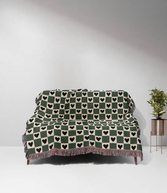 Green Beige Checker Hearts Bohemian Woven Cotton Throw Blankets - image 1