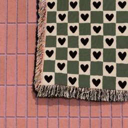 Green Beige Checker Hearts Bohemian Woven Cotton Throw Blankets - thumbnail 2