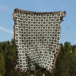 Green Beige Checker Hearts Bohemian Woven Cotton Throw Blankets - thumbnail 3