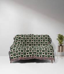 Green Beige Checker Hearts Bohemian Woven Cotton Throw Blankets - thumbnail 1