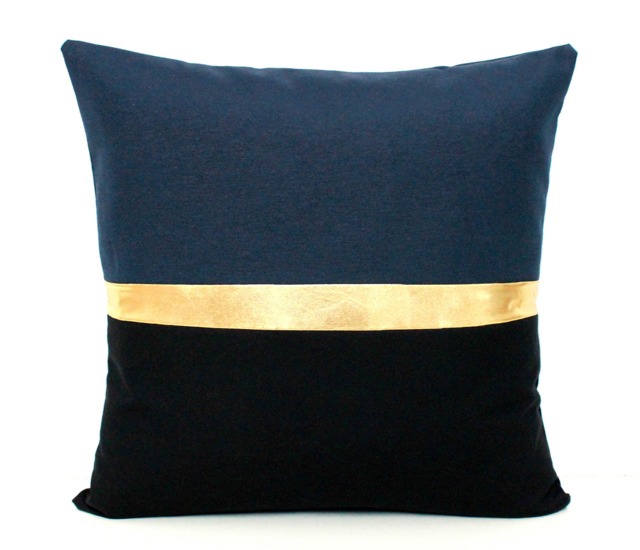 Navy Blue, Metallic Gold & Black Color Block Throw Pillow Cover - All Sizes - image 1
