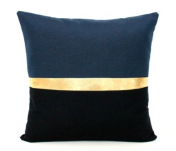Navy Blue, Metallic Gold & Black Color Block Throw Pillow Cover - All Sizes - thumbnail 1
