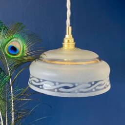 Vintage Frosted Glass Pendant Lampshade With Gold Details
