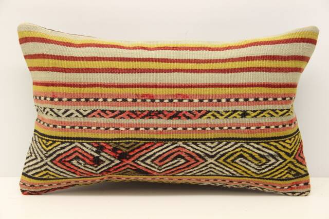 Turkish Kilim Pillow Cover 12x20, Handmade Lumbar Cushion - image 1