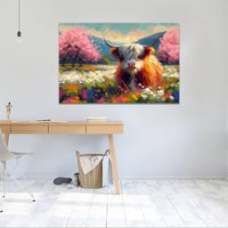Hairy Scottish Cow Vibrant Colours Blossom Field Wall Art, Hangings , Home D??cor, Mounted Canvas Print Ready To Hang - thumbnail 3