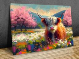 Hairy Scottish Cow Vibrant Colours Blossom Field Wall Art, Hangings , Home D??cor, Mounted Canvas Print Ready To Hang - thumbnail 1