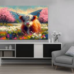 Hairy Scottish Cow Vibrant Colours Blossom Field Wall Art, Hangings , Home D??cor, Mounted Canvas Print Ready To Hang - thumbnail 2