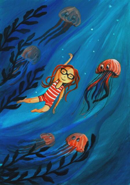 Illustration, Poster, Decoration Children's Room. Jellyfish Swimming