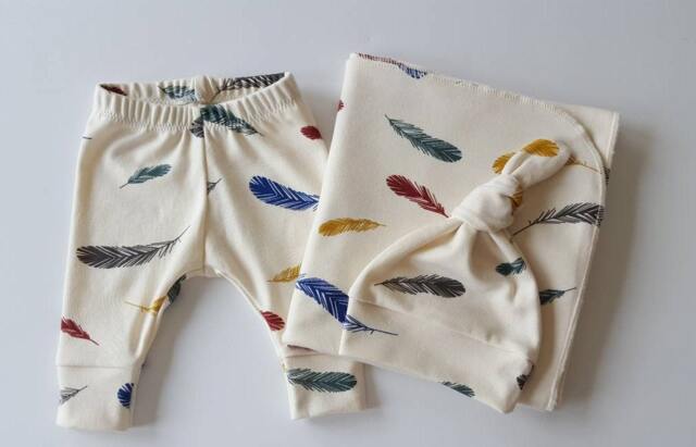 Feather Organic Swaddle Blanket & Newborn Hat Set. Leggings. Gender Neutral Take Home Baby Shower Gift. Photo Prop - image 1