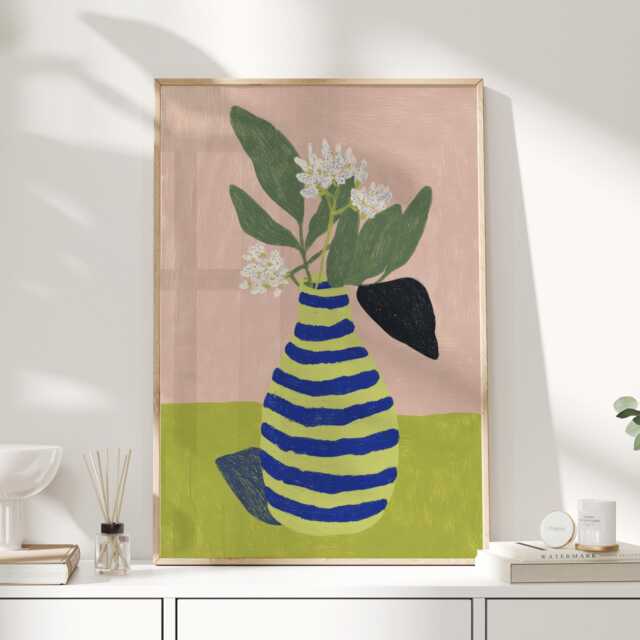 Blue & Green Striped Vase Print, Modern Floral Still Life Wall Art, Pink Colour Block Poster, Botanical Artwork For Kitchen - image 1