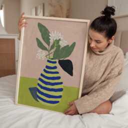 Blue & Green Striped Vase Print, Modern Floral Still Life Wall Art, Pink Colour Block Poster, Botanical Artwork For Kitchen - thumbnail 3