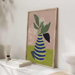 Blue & Green Striped Vase Print, Modern Floral Still Life Wall Art, Pink Colour Block Poster, Botanical Artwork For Kitchen - thumbnail 2