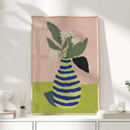 Blue & Green Striped Vase Print, Modern Floral Still Life Wall Art, Pink Colour Block Poster, Botanical Artwork For Kitchen - thumbnail 1
