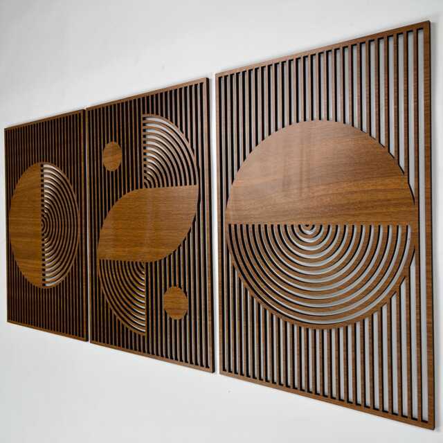 Abstract Boho Wood Wall Art, Bauhaus Inspired Geometric Design, Mid Century Modern Decor, 3 Panel Wooden Set, Statement Home Gift #54 - image 1