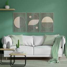Abstract Boho Wood Wall Art, Bauhaus Inspired Geometric Design, Mid Century Modern Decor, 3 Panel Wooden Set, Statement Home Gift #54 - thumbnail 4