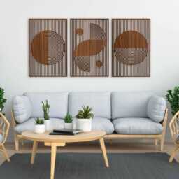 Abstract Boho Wood Wall Art, Bauhaus Inspired Geometric Design, Mid Century Modern Decor, 3 Panel Wooden Set, Statement Home Gift #54 - thumbnail 2