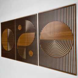 Abstract Boho Wood Wall Art, Bauhaus Inspired Geometric Design, Mid Century Modern Decor, 3 Panel Wooden Set, Statement Home Gift #54 - thumbnail 1