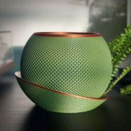 Modern Textured Green Spherical Draining Planter With Copper Accent & Drip Tray - Round Bronze Indoor Plant Pot For Houseplants