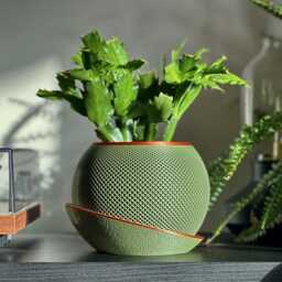 Modern Textured Green Spherical Draining Planter With Copper Accent & Drip Tray - Round Bronze Indoor Plant Pot For Houseplants - thumbnail 2