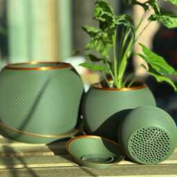 Modern Textured Green Spherical Draining Planter With Copper Accent & Drip Tray - Round Bronze Indoor Plant Pot For Houseplants - thumbnail 4