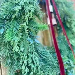 Large Cedar & Pine Christmas Wreath For Front Door, Cascading Teardrop Winter With Bells, Burgundy Velvet Bow, Realistic Greenery - thumbnail 3