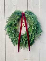 Large Cedar & Pine Christmas Wreath For Front Door, Cascading Teardrop Winter With Bells, Burgundy Velvet Bow, Realistic Greenery