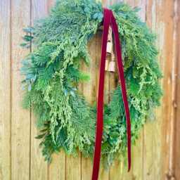 Large Cedar & Pine Christmas Wreath For Front Door, Cascading Teardrop Winter With Bells, Burgundy Velvet Bow, Realistic Greenery - thumbnail 2