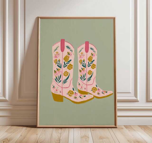 Cowgirl Boots Wall Art Print - Western Country Decor Poster Floral Cowboy Illustration Retro Pink Style - image 1