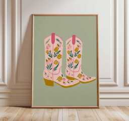 Cowgirl Boots Wall Art Print - Western Country Decor Poster Floral Cowboy Illustration Retro Pink Style - thumbnail 1