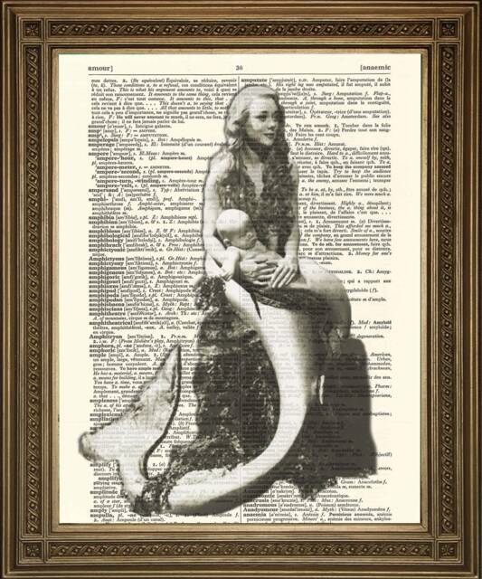 Mermaid Prints Black & White Art, Printed On Vintage Dictionary Pages - image 1