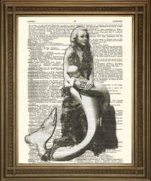 Mermaid Prints Black & White Art, Printed On Vintage Dictionary Pages - thumbnail 1