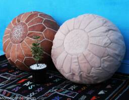 Set Of 2 Moroccan Leather Poufs Handcrafted Ottoman Footstools - thumbnail 1