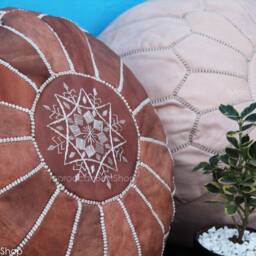 Set Of 2 Moroccan Leather Poufs Handcrafted Ottoman Footstools - thumbnail 4