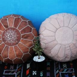 Set Of 2 Moroccan Leather Poufs Handcrafted Ottoman Footstools - thumbnail 2
