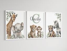 Safari Elephant Giraffe Lion Animal Baby Girls Boys A4 Or A3 Nursery Unframed Personalised Prints Unisex Neutral Boho Beige Green Jungle - thumbnail 1