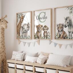 Safari Elephant Giraffe Lion Animal Baby Girls Boys A4 Or A3 Nursery Unframed Personalised Prints Unisex Neutral Boho Beige Green Jungle - thumbnail 3