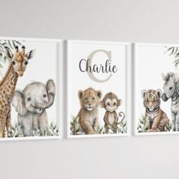 Safari Elephant Giraffe Lion Animal Baby Girls Boys A4 Or A3 Nursery Unframed Personalised Prints Unisex Neutral Boho Beige Green Jungle - thumbnail 2
