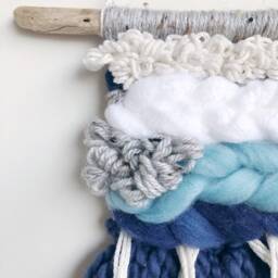 Woven Wall Hanging // White Navy Blue Grey/Art Fibre Tapestry Home Decor Boho Nursery Kids Room - thumbnail 3
