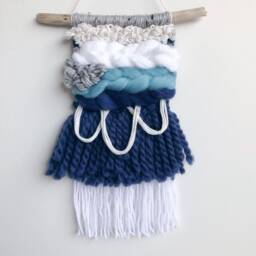 Woven Wall Hanging // White Navy Blue Grey/Art Fibre Tapestry Home Decor Boho Nursery Kids Room - thumbnail 1